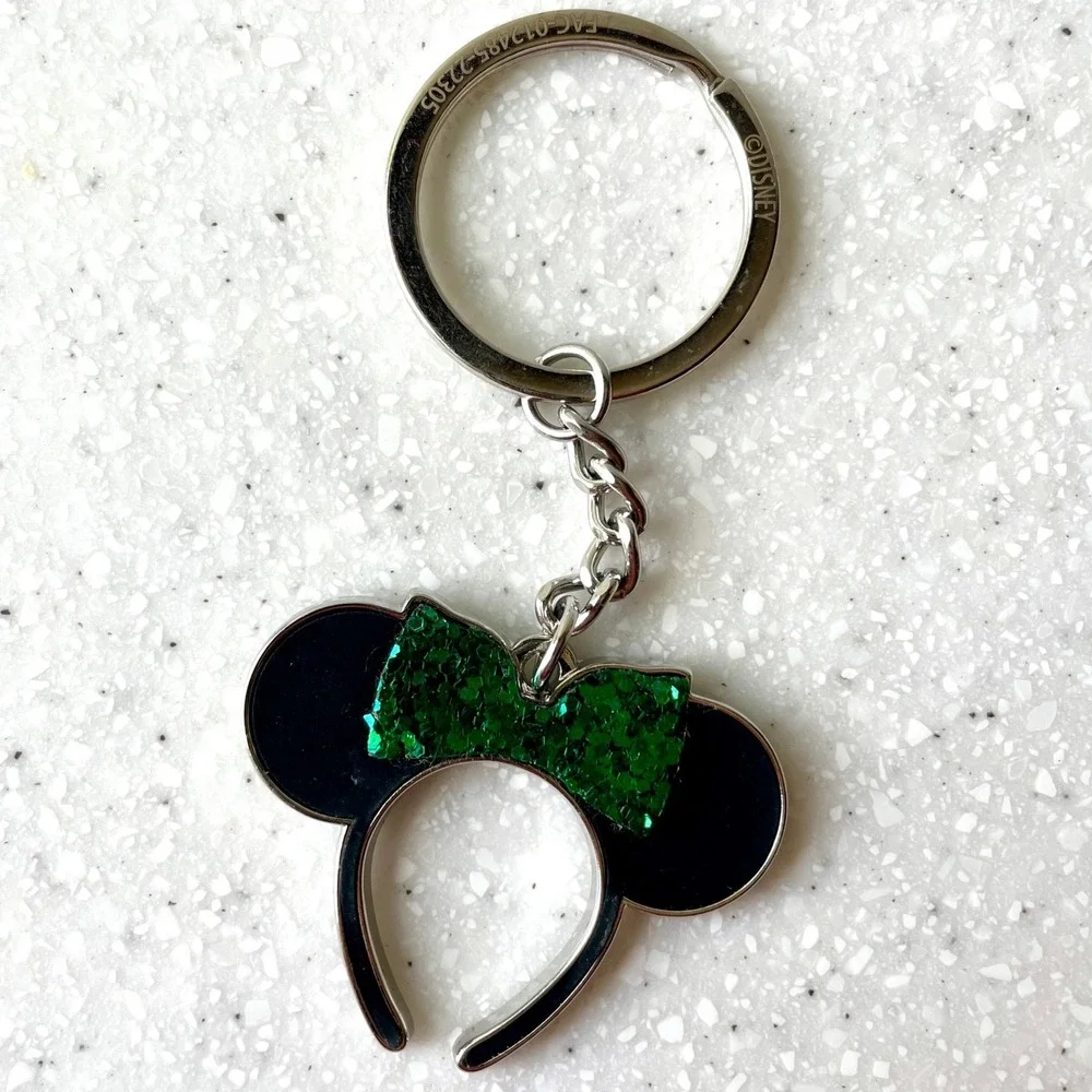 Disney Minnie Mouse Ear Headband Keychain Green Glitter Bow Black Enamel Silver